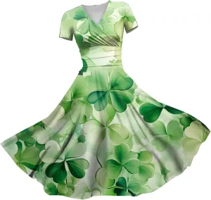 Women's Short Sleeve Loose Dress Comfy Slim V-Neck Daily Waisted Shirred Dressy Casual Shamrock Print Dresses