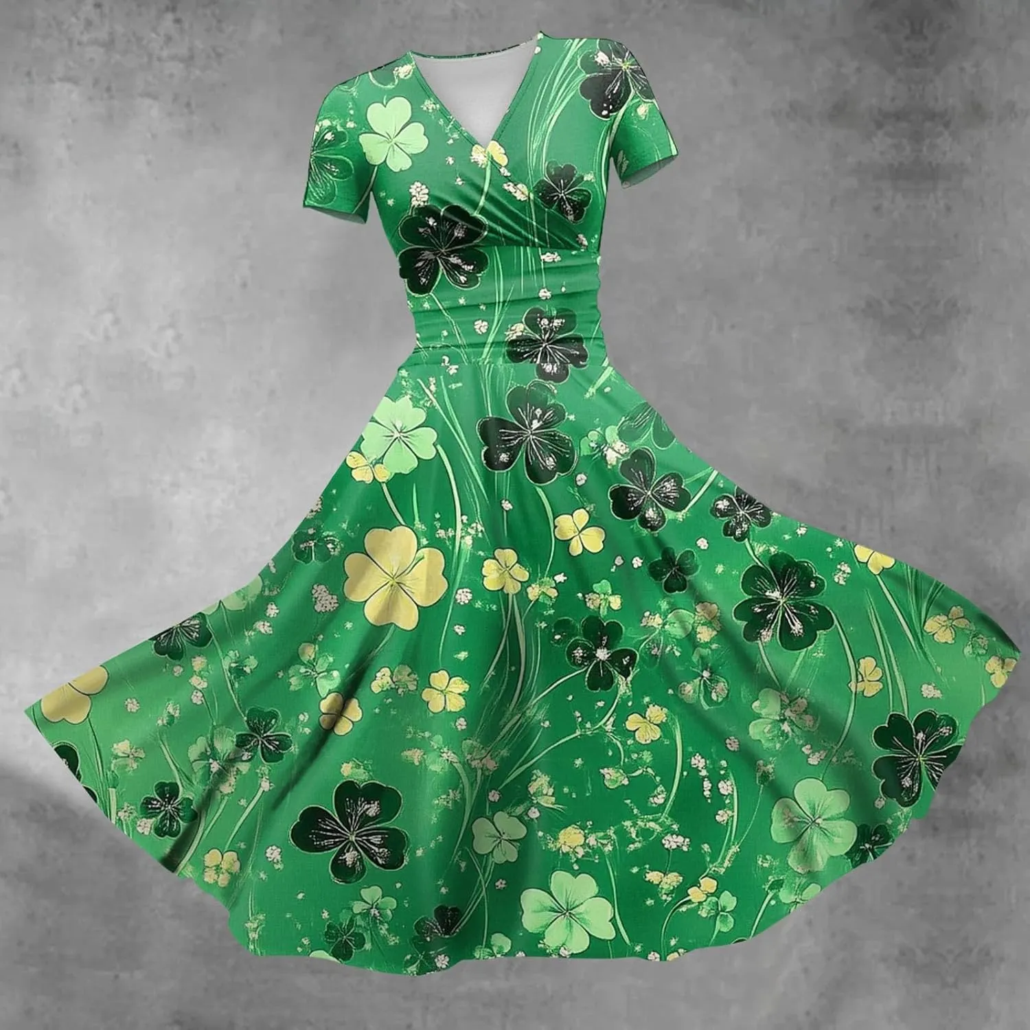 Women's Short Sleeve Loose Dress Comfy Slim V-Neck Daily Waisted Shirred Dressy Casual Shamrock Print Dresses
