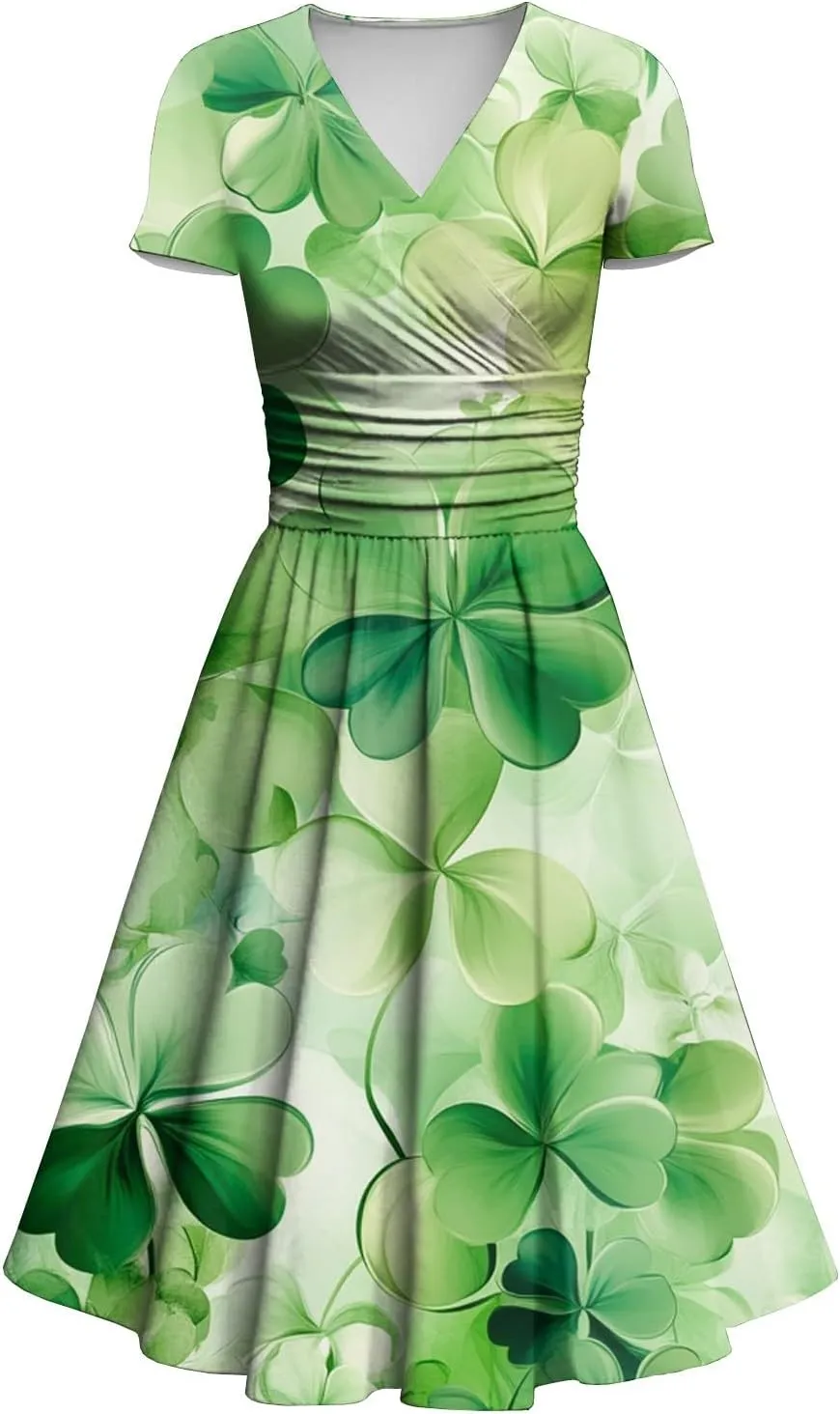 Women's Short Sleeve Loose Dress Comfy Slim V-Neck Daily Waisted Shirred Dressy Casual Shamrock Print Dresses