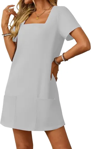 Womens Short Sleeve Mini Dresses Casual Summer Square Neck Tshirt Dress Loose Fit Solid A-Line Dress with Pockets