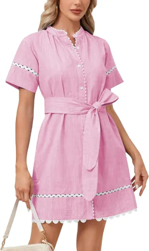 Women's Short Sleeve Summer Shirt Dress Button Down Belted Tunic Mini Dresses RIC Rac Trim Sundress with Pockets