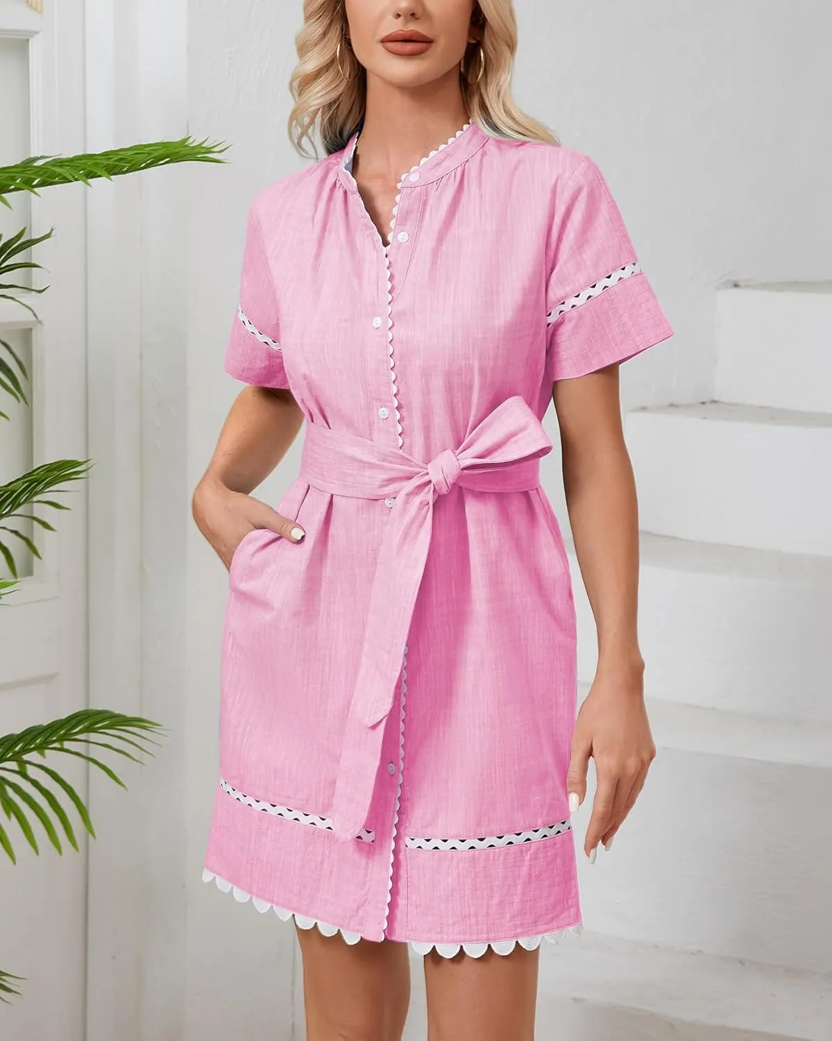 Women's Short Sleeve Summer Shirt Dress Button Down Belted Tunic Mini Dresses RIC Rac Trim Sundress with Pockets