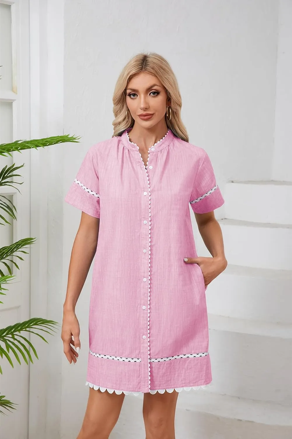 Women's Short Sleeve Summer Shirt Dress Button Down Belted Tunic Mini Dresses RIC Rac Trim Sundress with Pockets
