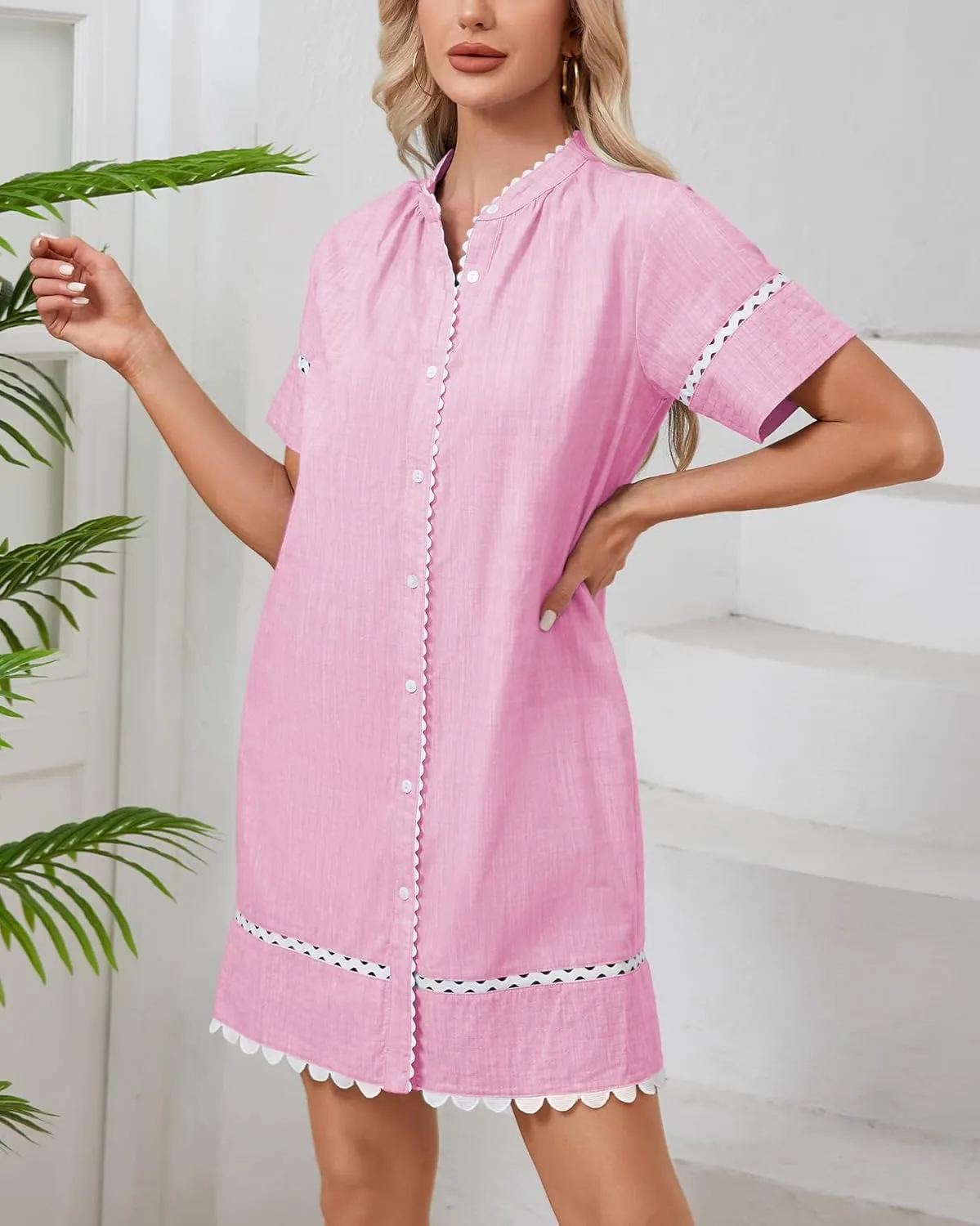 Women's Short Sleeve Summer Shirt Dress Button Down Belted Tunic Mini Dresses RIC Rac Trim Sundress with Pockets