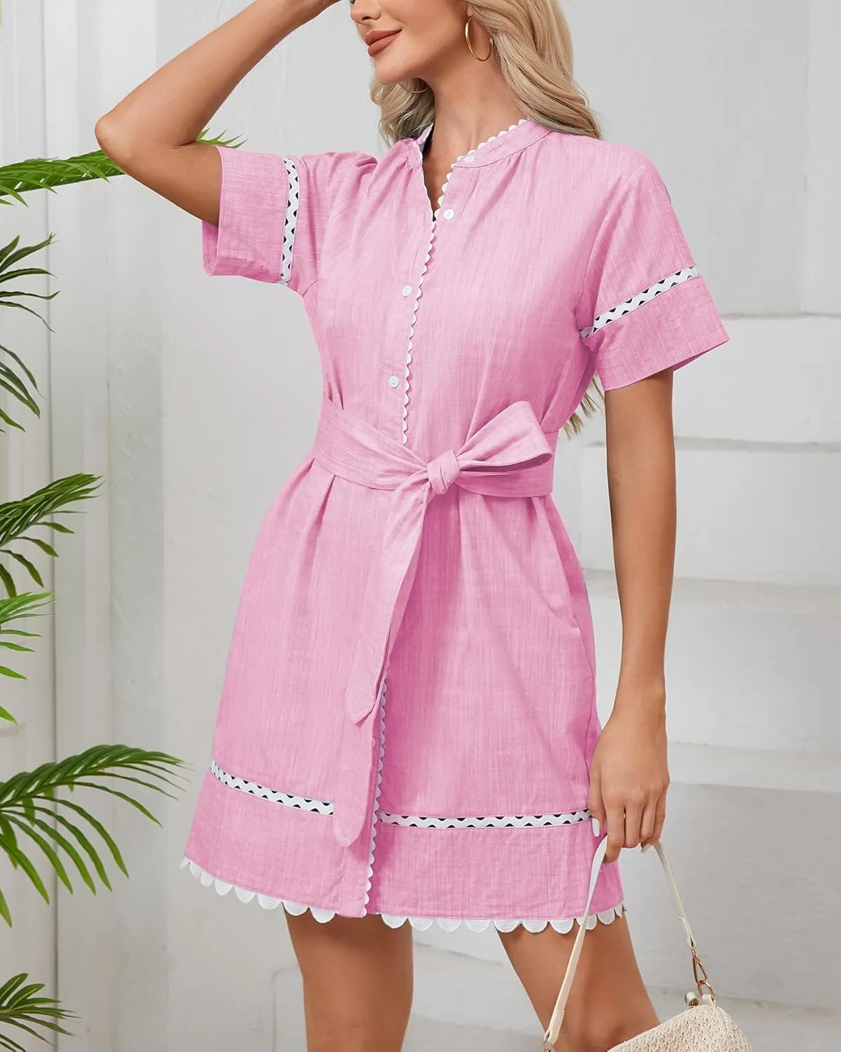 Women's Short Sleeve Summer Shirt Dress Button Down Belted Tunic Mini Dresses RIC Rac Trim Sundress with Pockets