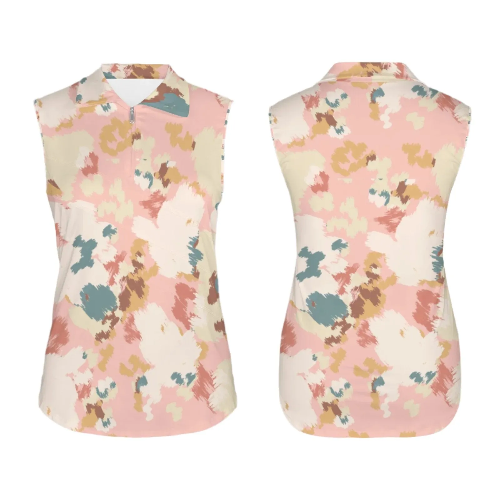 Women's Sleeveless 1/4 Zipper Golf Polo, Peach Abstract Camo
