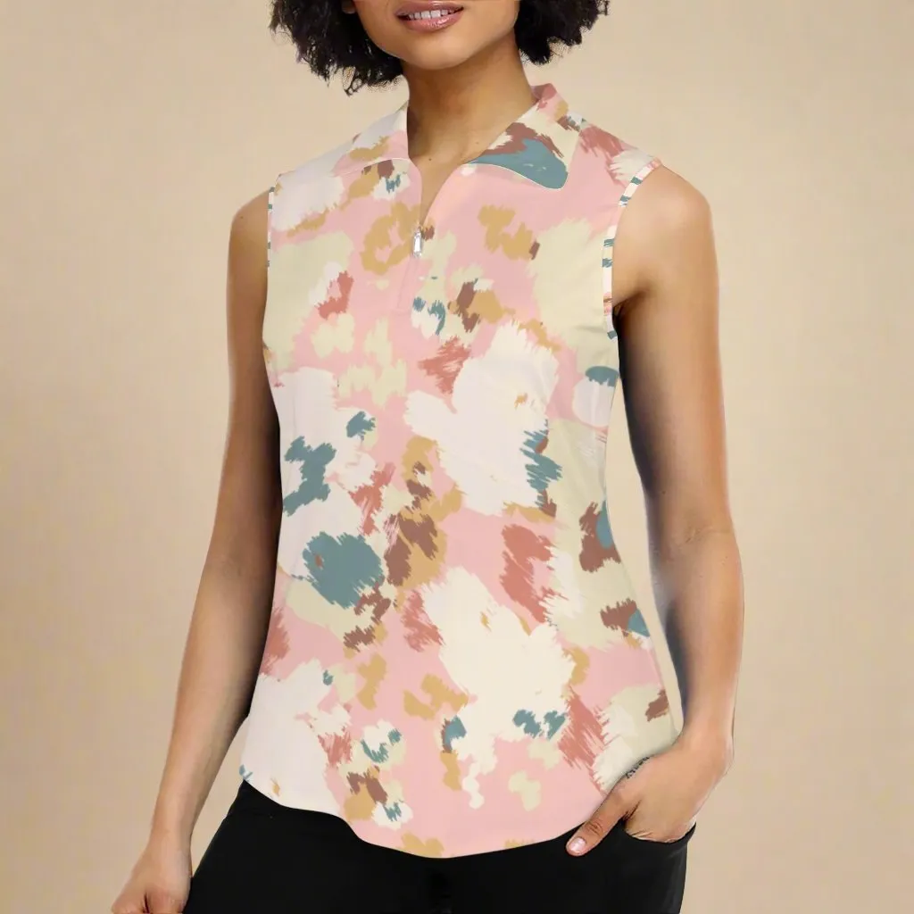 Women's Sleeveless 1/4 Zipper Golf Polo, Peach Abstract Camo