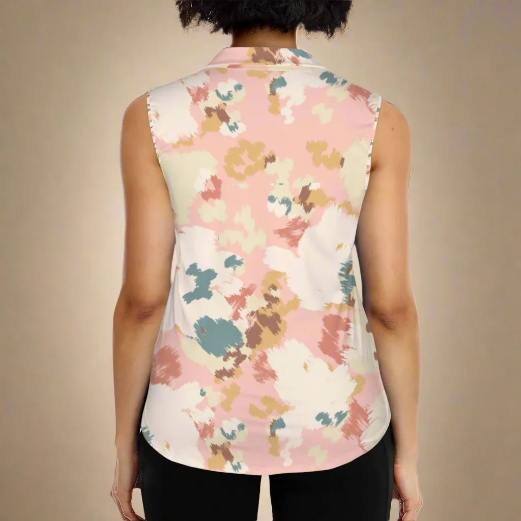 Women's Sleeveless 1/4 Zipper Golf Polo, Peach Abstract Camo