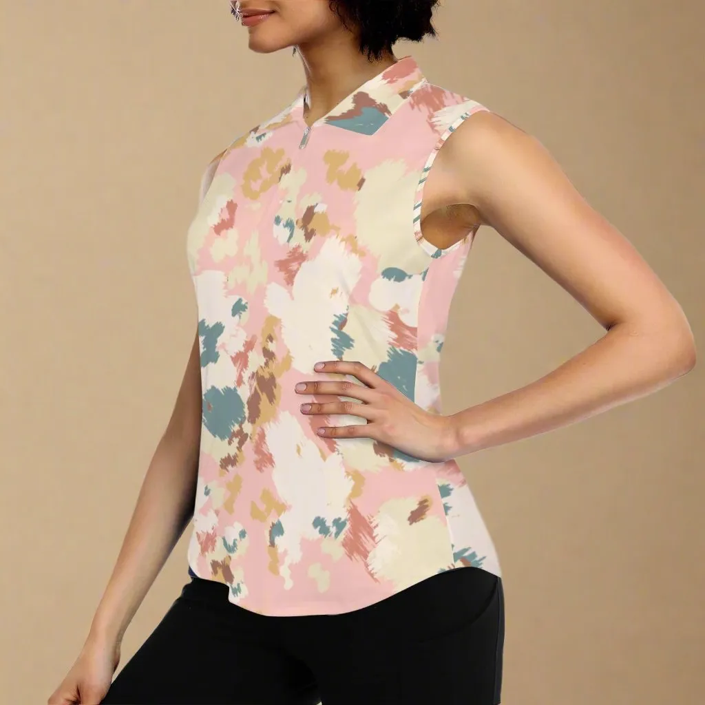 Women's Sleeveless 1/4 Zipper Golf Polo, Peach Abstract Camo