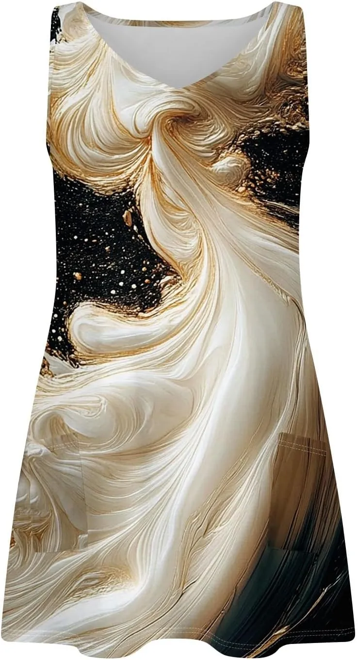 Women's Sleeveless Floral Print Summer Dress, Casual V-Neck A-Line Summer for Beach and Vacation