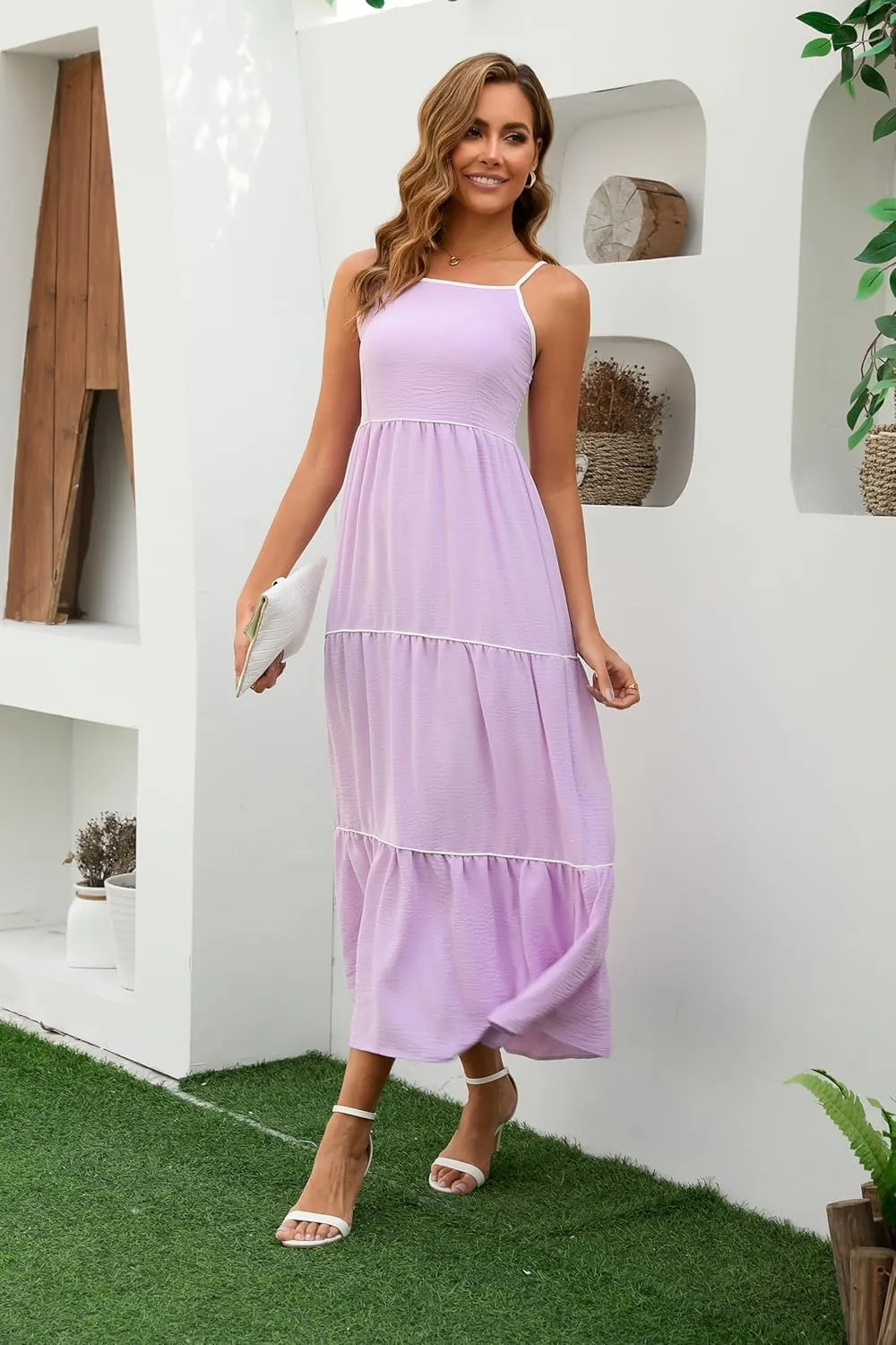 Women's Solid Color Sundress Summer Boho Square Neck Long Dress Spaghetti Strap Back Elastic A line Maxi Dresses