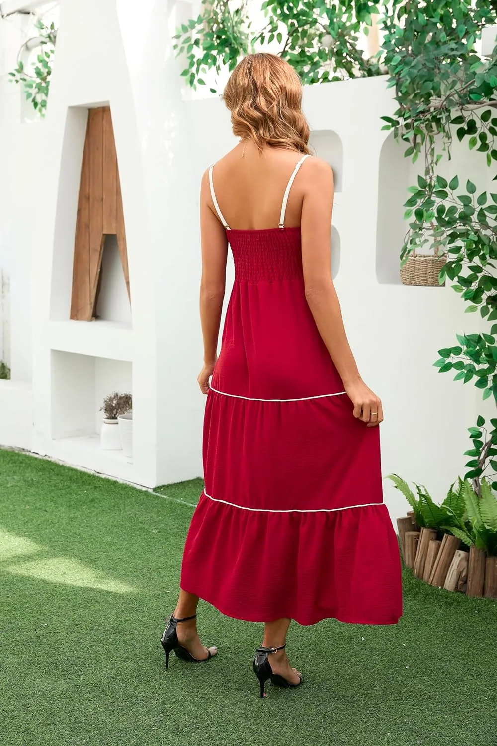 Women's Solid Color Sundress Summer Boho Square Neck Long Dress Spaghetti Strap Back Elastic A line Maxi Dresses