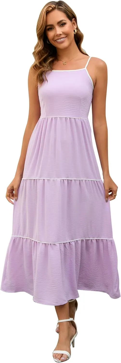 Women's Solid Color Sundress Summer Boho Square Neck Long Dress Spaghetti Strap Back Elastic A line Maxi Dresses