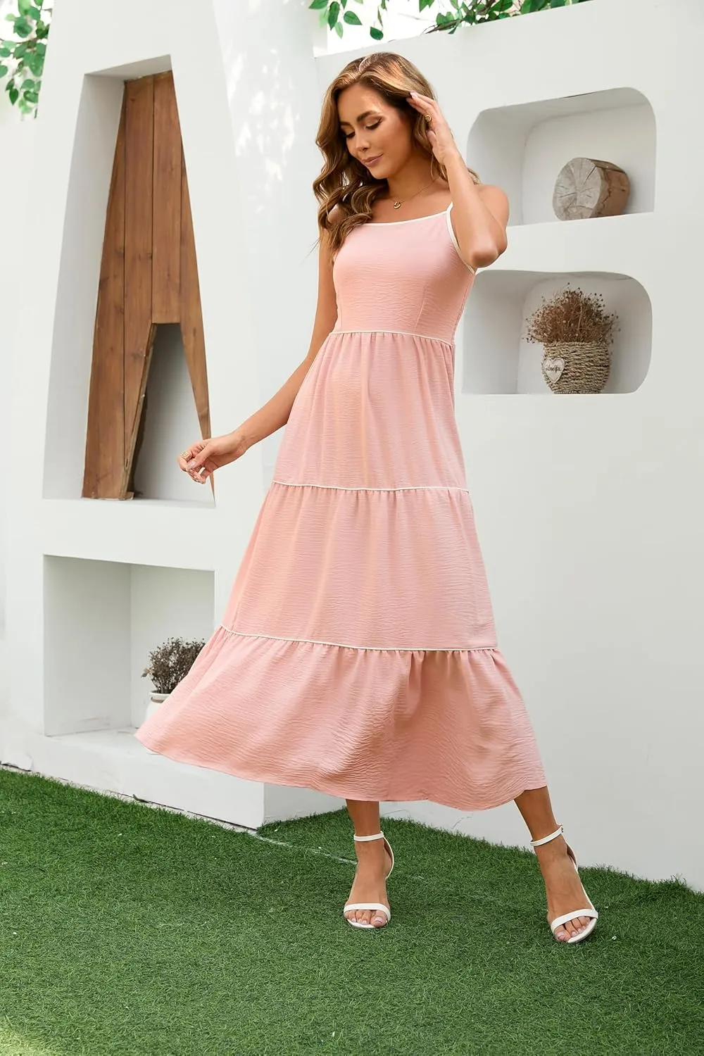 Women's Solid Color Sundress Summer Boho Square Neck Long Dress Spaghetti Strap Back Elastic A line Maxi Dresses