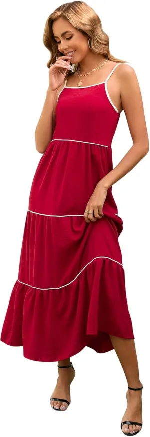 Women's Solid Color Sundress Summer Boho Square Neck Long Dress Spaghetti Strap Back Elastic A line Maxi Dresses