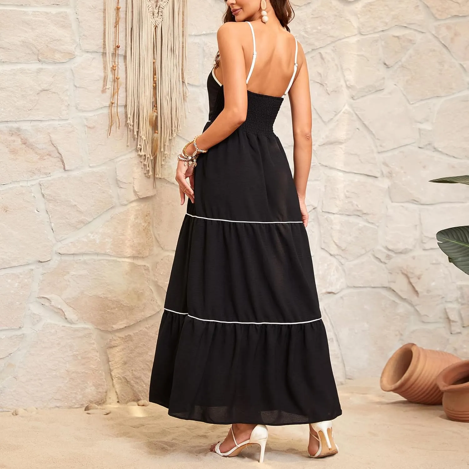 Women's Solid Color Sundress Summer Boho Square Neck Long Dress Spaghetti Strap Back Elastic A line Maxi Dresses