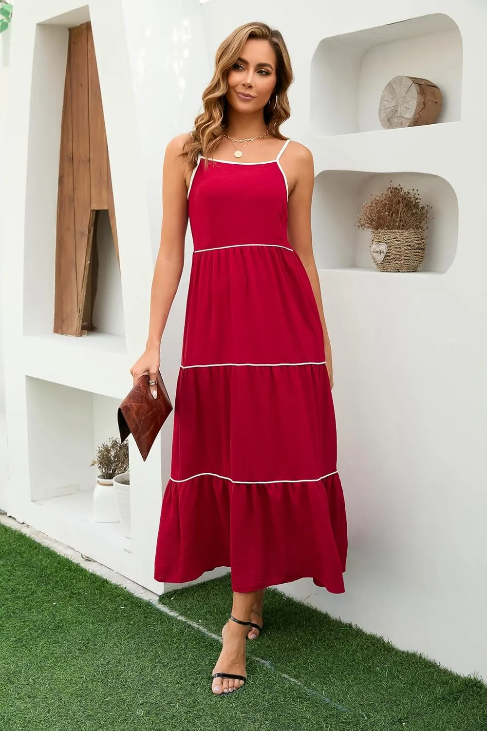 Women's Solid Color Sundress Summer Boho Square Neck Long Dress Spaghetti Strap Back Elastic A line Maxi Dresses