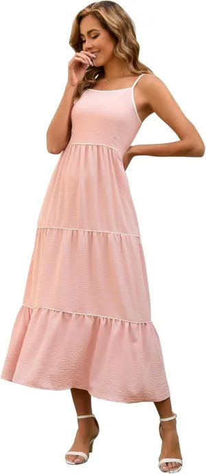 Women's Solid Color Sundress Summer Boho Square Neck Long Dress Spaghetti Strap Back Elastic A line Maxi Dresses