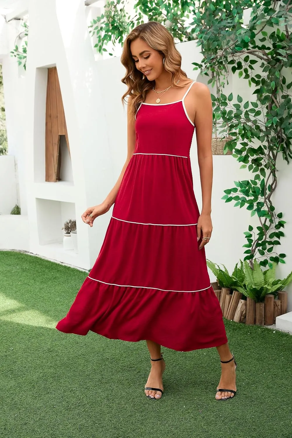 Women's Solid Color Sundress Summer Boho Square Neck Long Dress Spaghetti Strap Back Elastic A line Maxi Dresses