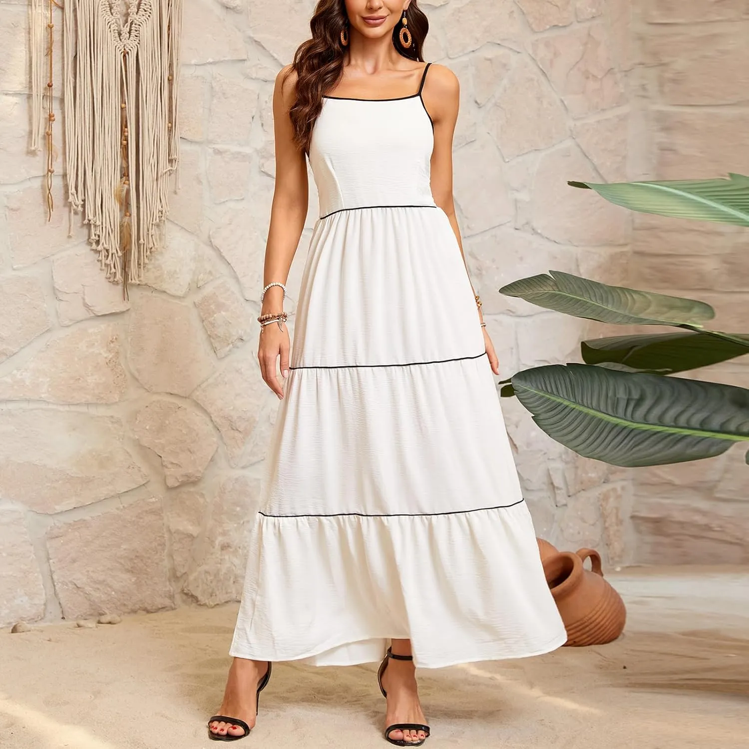 Women's Solid Color Sundress Summer Boho Square Neck Long Dress Spaghetti Strap Back Elastic A line Maxi Dresses