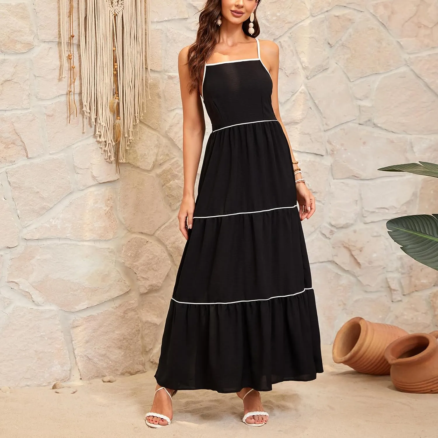 Women's Solid Color Sundress Summer Boho Square Neck Long Dress Spaghetti Strap Back Elastic A line Maxi Dresses