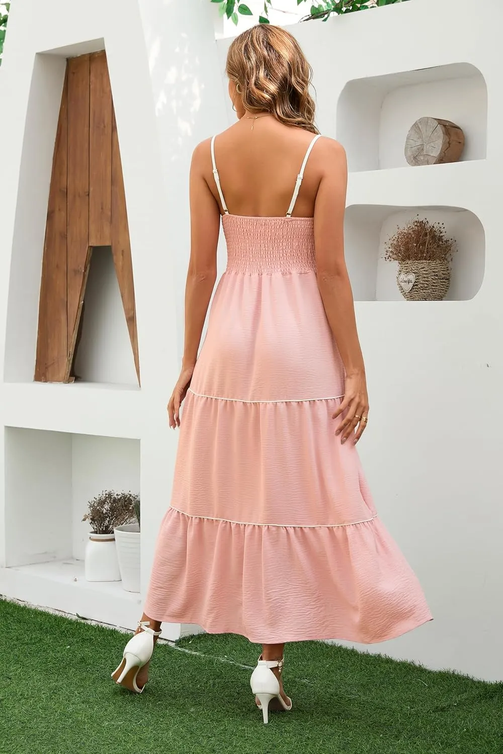 Women's Solid Color Sundress Summer Boho Square Neck Long Dress Spaghetti Strap Back Elastic A line Maxi Dresses