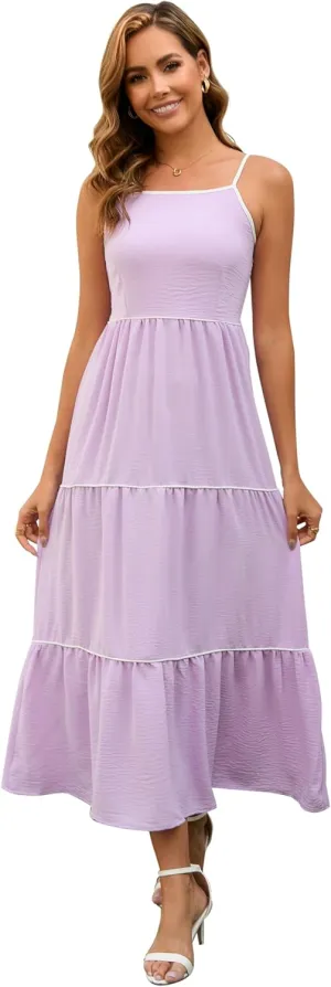 Women's Solid Color Sundress Summer Boho Square Neck Long Dress Spaghetti Strap Back Elastic A line Maxi Dresses