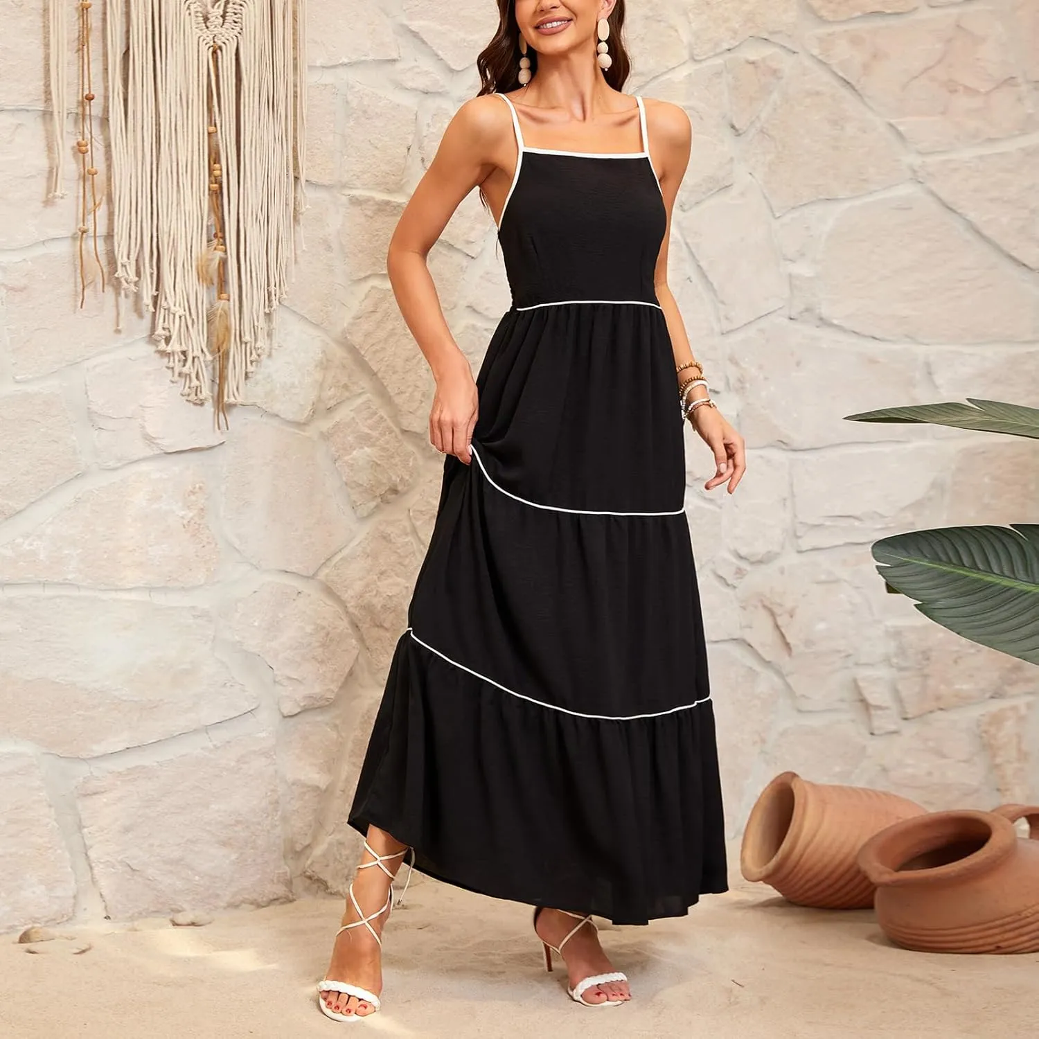 Women's Solid Color Sundress Summer Boho Square Neck Long Dress Spaghetti Strap Back Elastic A line Maxi Dresses