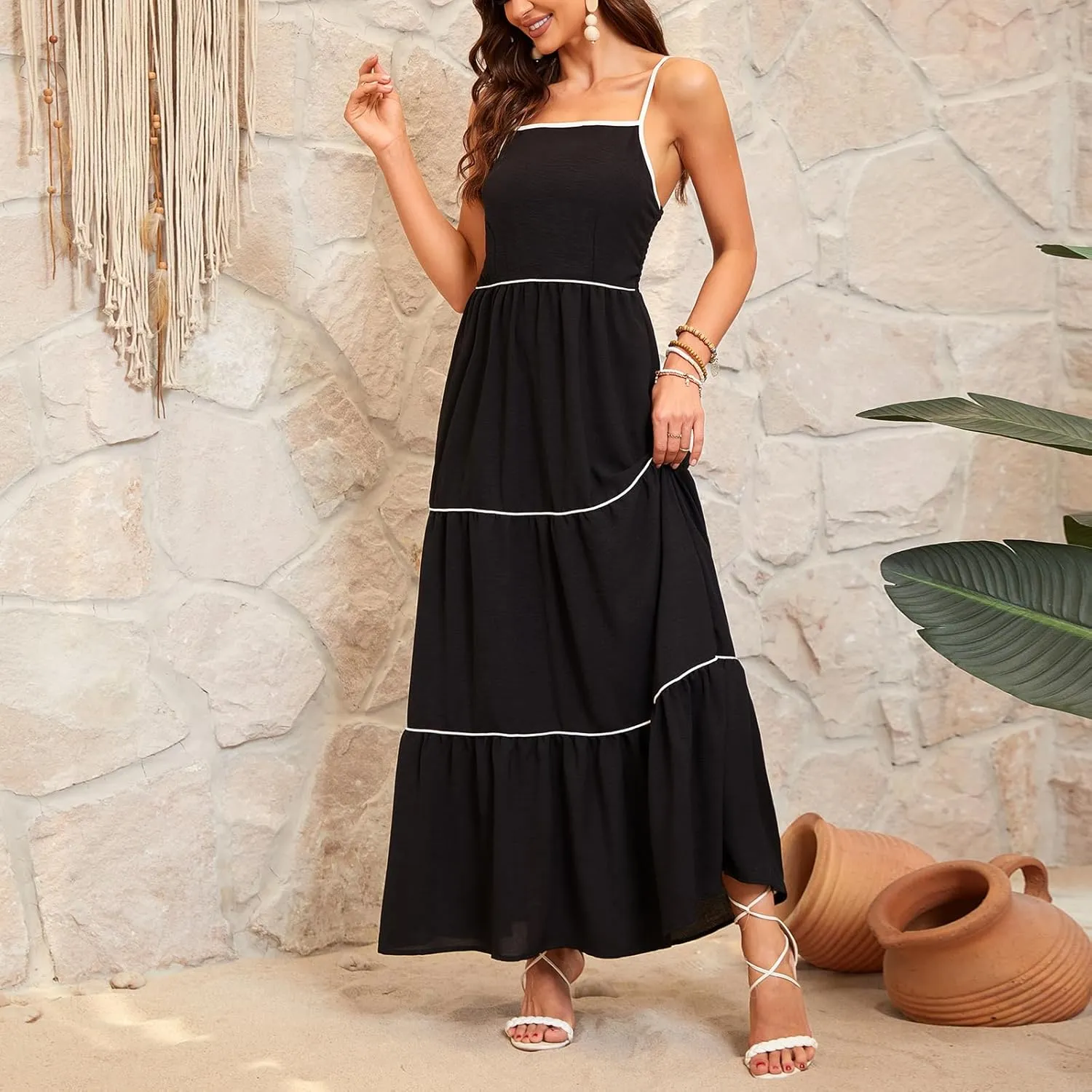 Women's Solid Color Sundress Summer Boho Square Neck Long Dress Spaghetti Strap Back Elastic A line Maxi Dresses