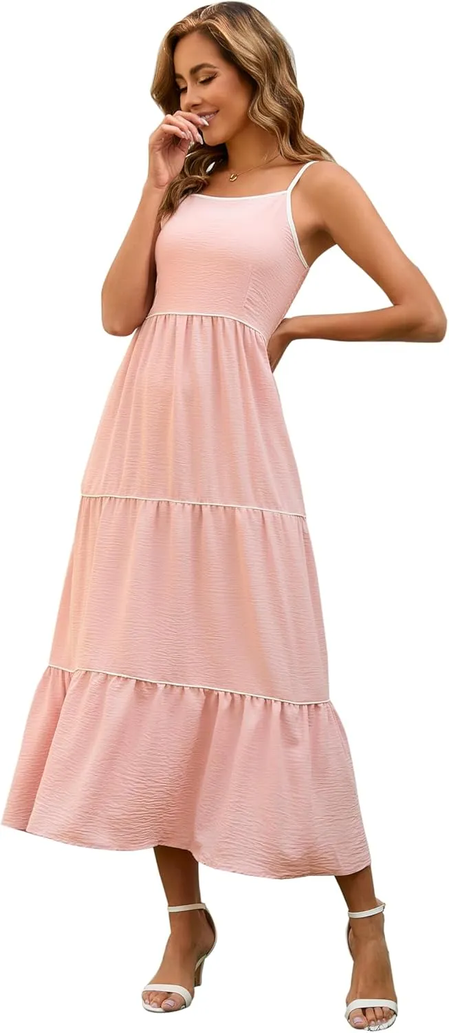 Women's Solid Color Sundress Summer Boho Square Neck Long Dress Spaghetti Strap Back Elastic A line Maxi Dresses