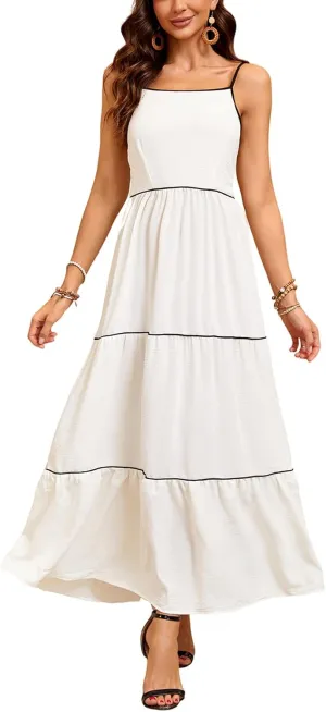 Women's Solid Color Sundress Summer Boho Square Neck Long Dress Spaghetti Strap Back Elastic A line Maxi Dresses