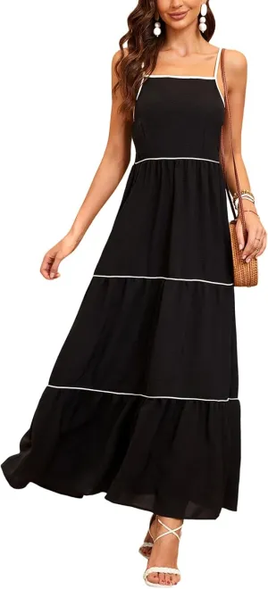 Women's Solid Color Sundress Summer Boho Square Neck Long Dress Spaghetti Strap Back Elastic A line Maxi Dresses