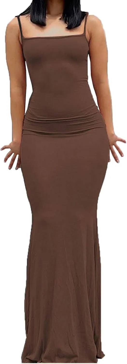 Womens Spaghetti Strap Bodycon Maxi Dress Summer Casual Sleeveless Long Beach Dresses Ruched Elegant Evening Dress