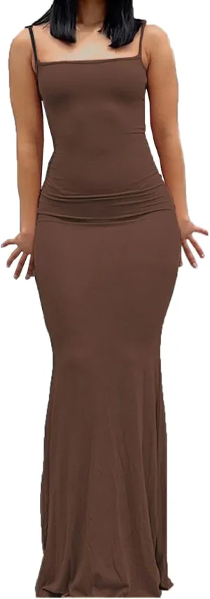 Womens Spaghetti Strap Bodycon Maxi Dress Summer Casual Sleeveless Long Beach Dresses Ruched Elegant Evening Dress
