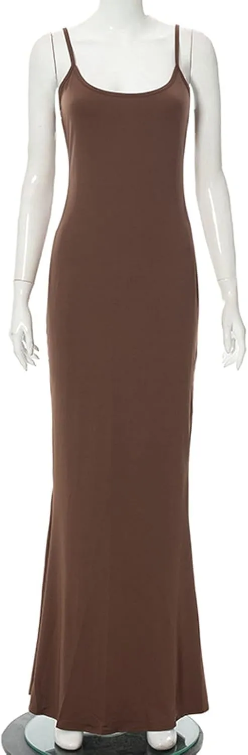 Womens Spaghetti Strap Bodycon Maxi Dress Summer Casual Sleeveless Long Beach Dresses Ruched Elegant Evening Dress