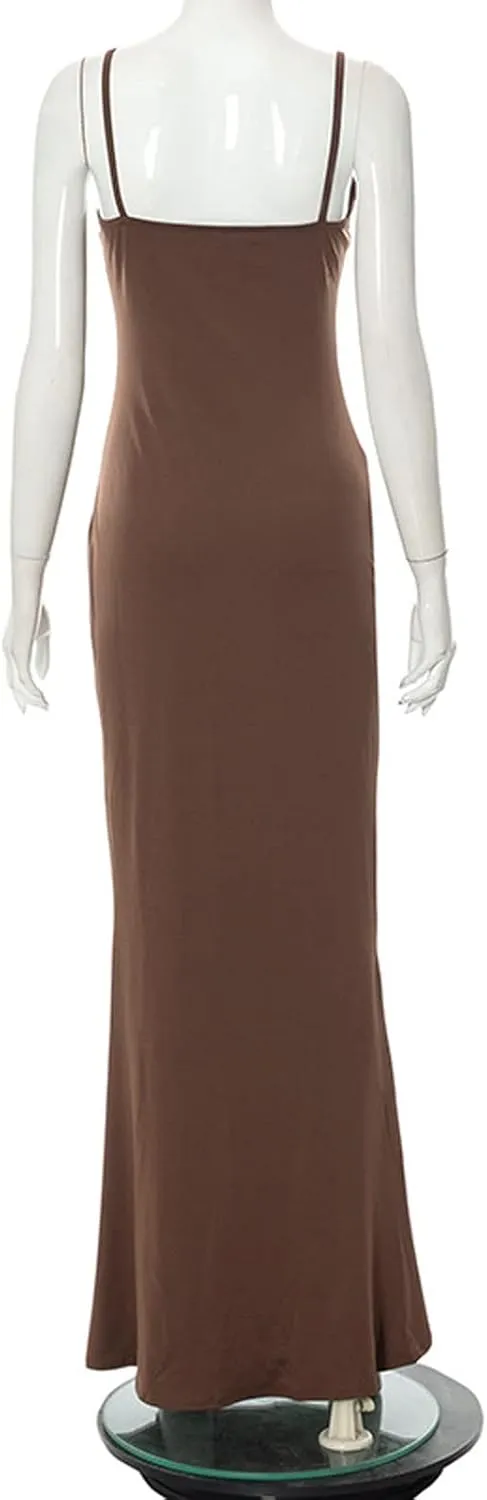 Womens Spaghetti Strap Bodycon Maxi Dress Summer Casual Sleeveless Long Beach Dresses Ruched Elegant Evening Dress