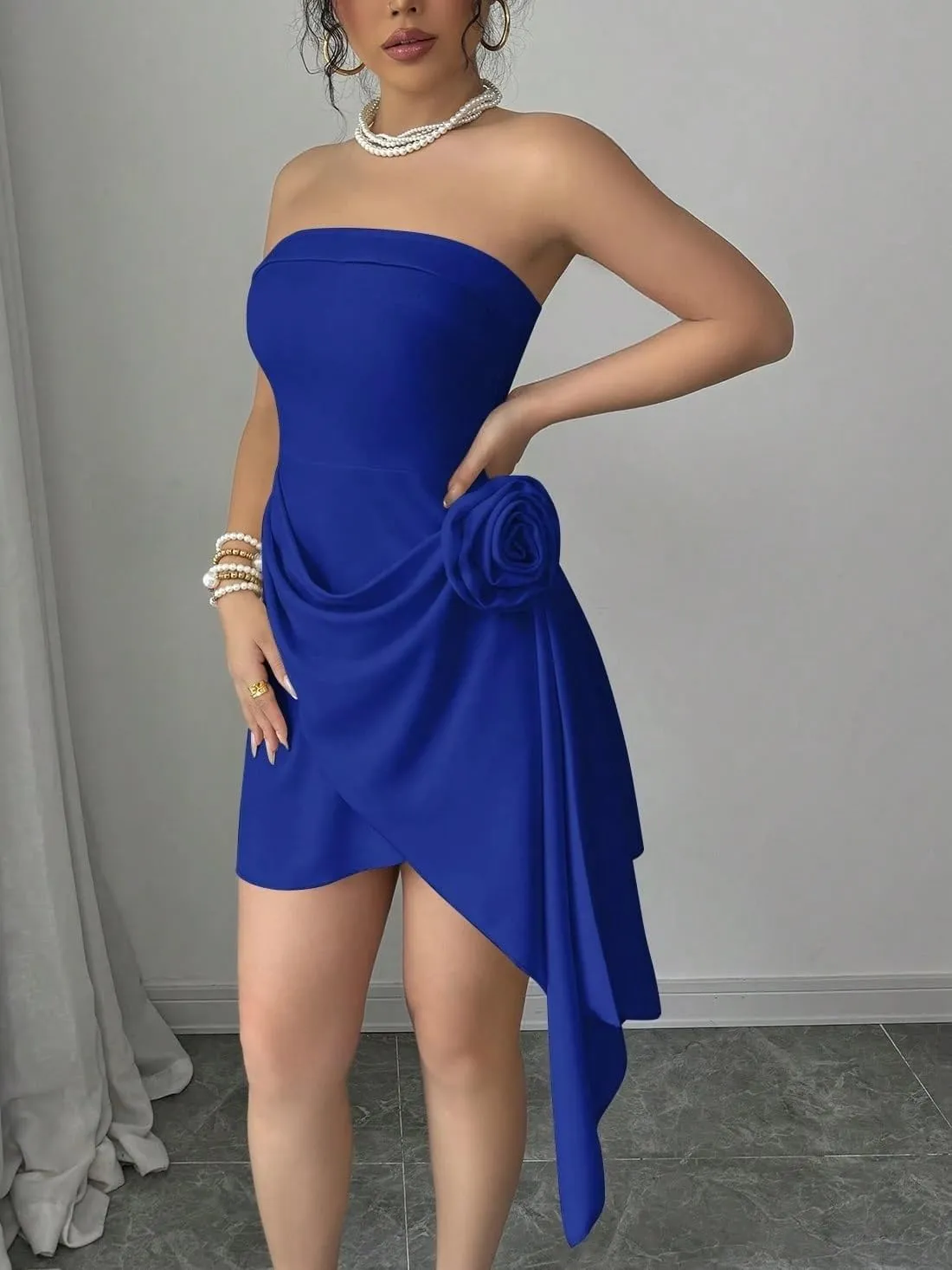 Women's Strapless Ruched A-Line Elegant Floral Dress, Fashion Short Dresses for Women