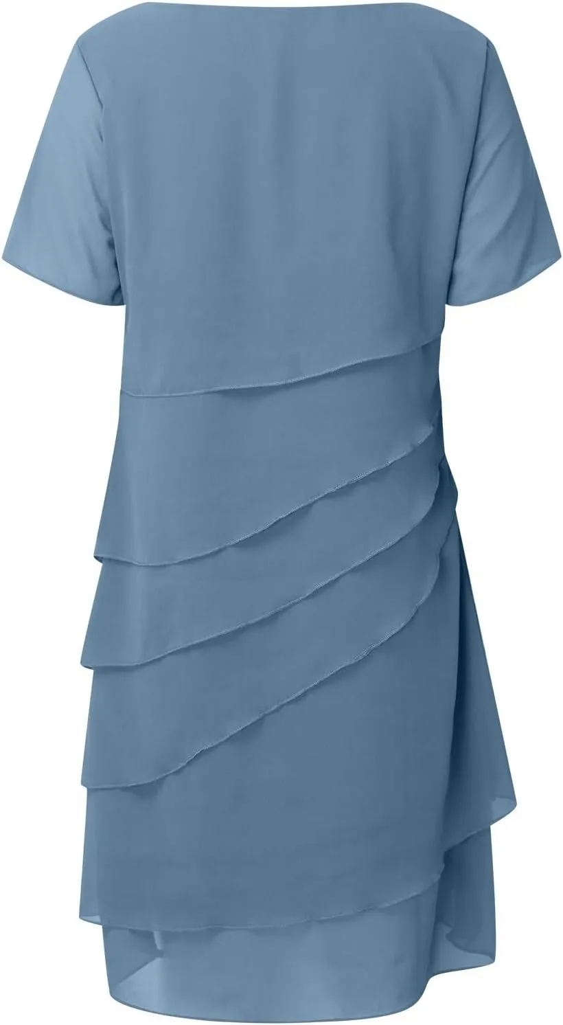 Women's Summer 2025 Midi Dress Chiffon Ruffle Short Sleeve Casual Floral Print Long Flowy Dresses Beach Sundress