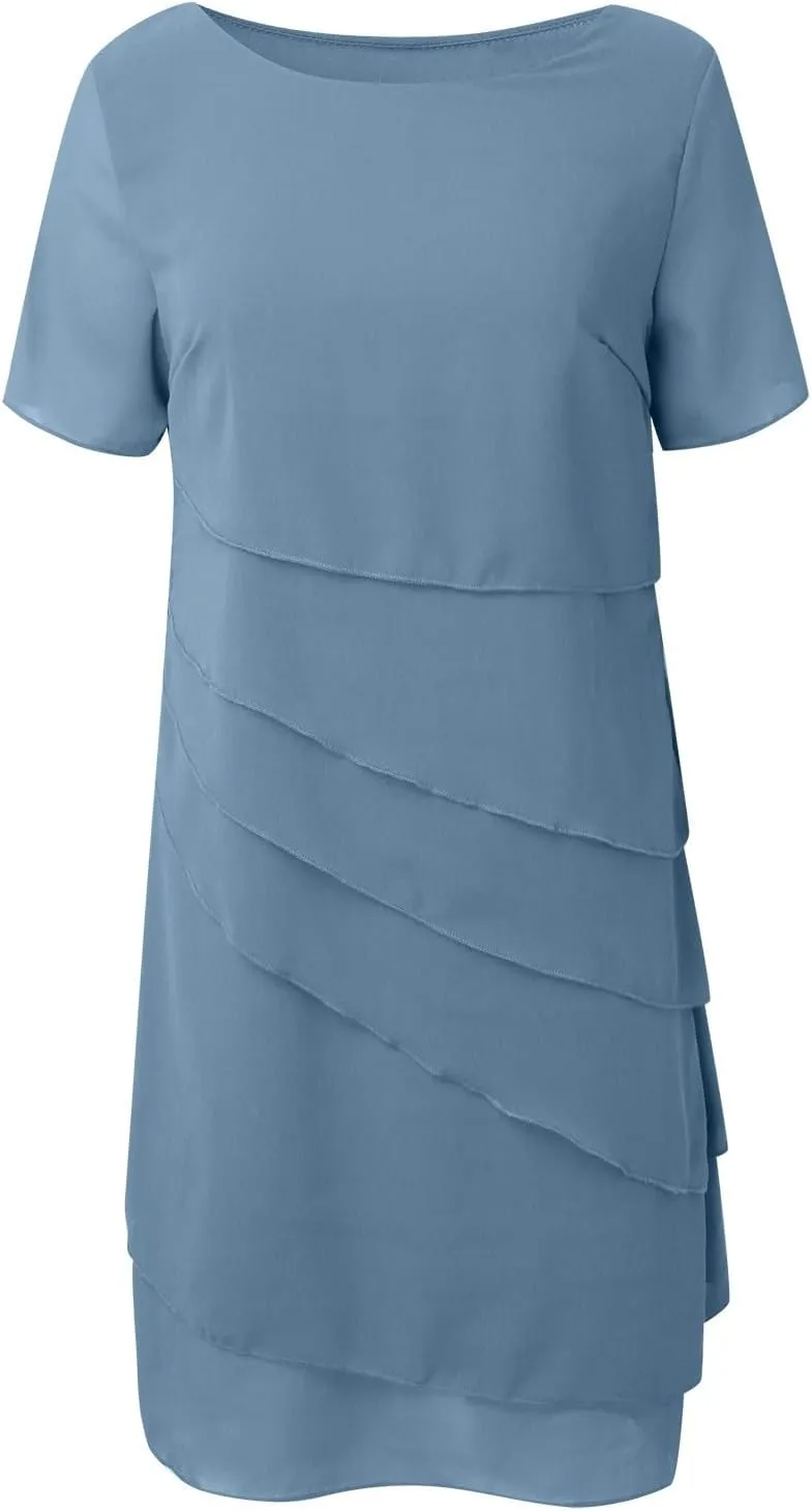 Women's Summer 2025 Midi Dress Chiffon Ruffle Short Sleeve Casual Floral Print Long Flowy Dresses Beach Sundress