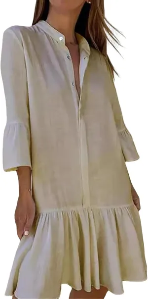 Womens Summer Button Down Shirt Dress Casual Loose Modest Long Ruffle Dresses Sexy V Neck Sundress Beach Dress