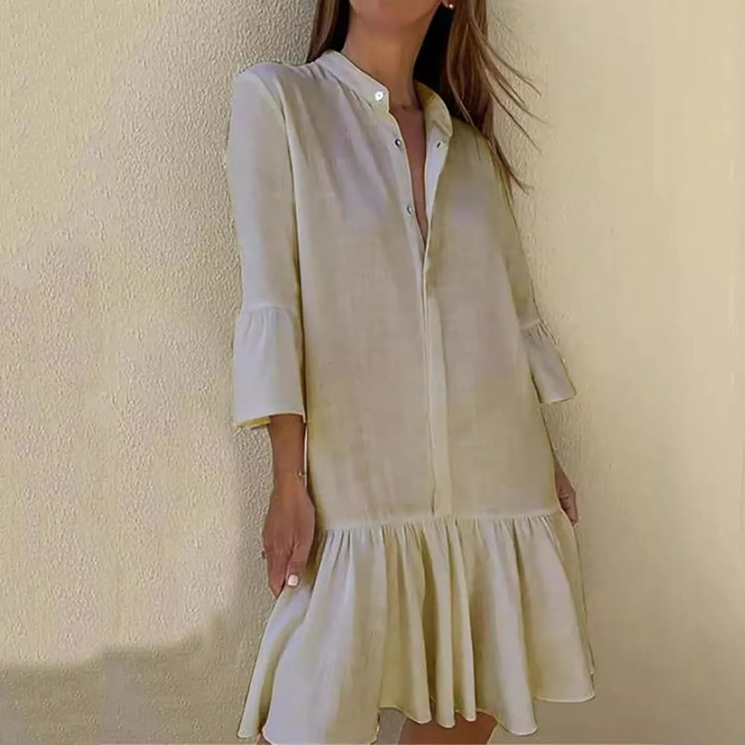 Womens Summer Button Down Shirt Dress Casual Loose Modest Long Ruffle Dresses Sexy V Neck Sundress Beach Dress