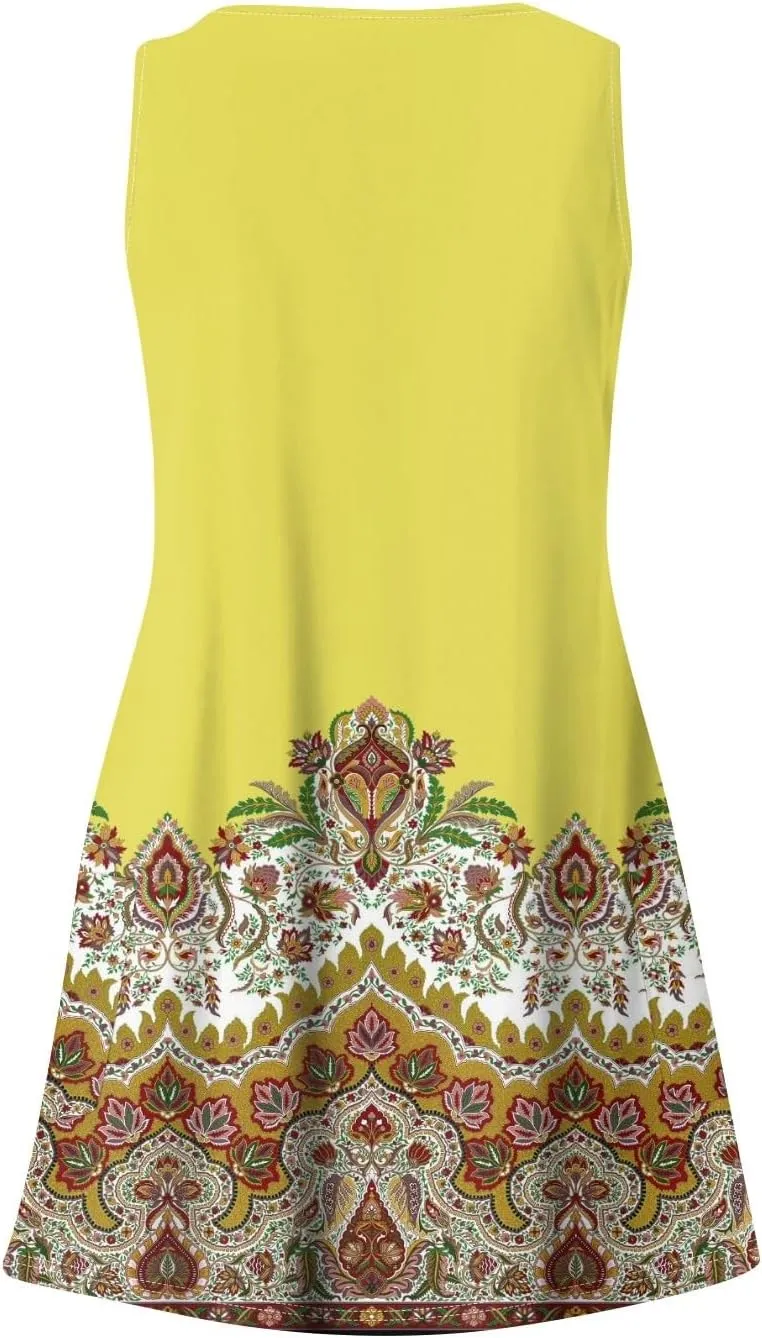 Women's Summer Casual Bohemian Printed Tank Top with Pocket Dress Casual Dresses