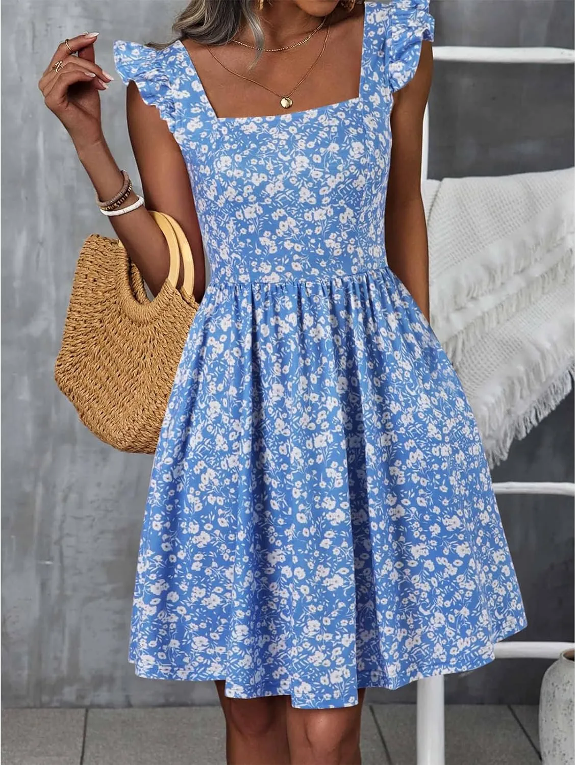 Womens Summer Casual Sleeveless Dress Floral Smocked Ruffle Square Neck Midi Dresses Flowy Boho Cute Beach Sundress