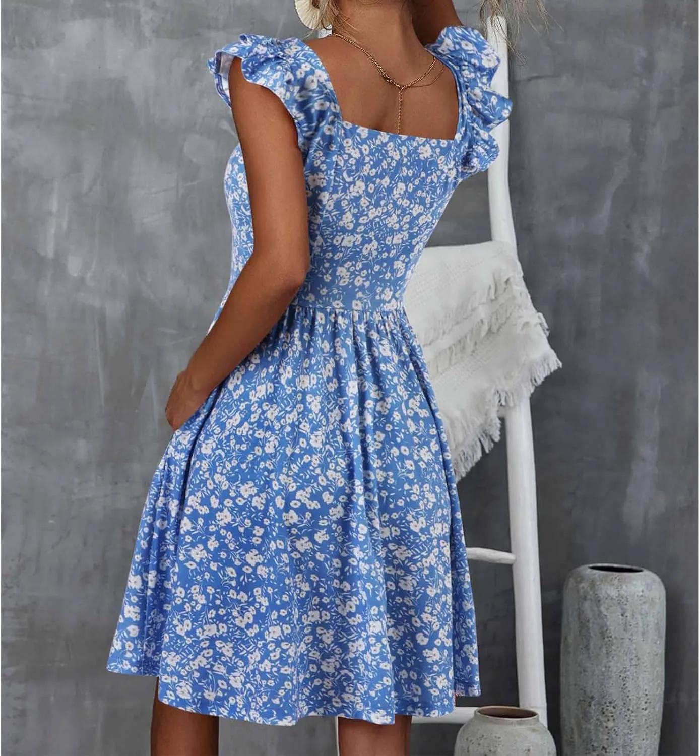Womens Summer Casual Sleeveless Dress Floral Smocked Ruffle Square Neck Midi Dresses Flowy Boho Cute Beach Sundress
