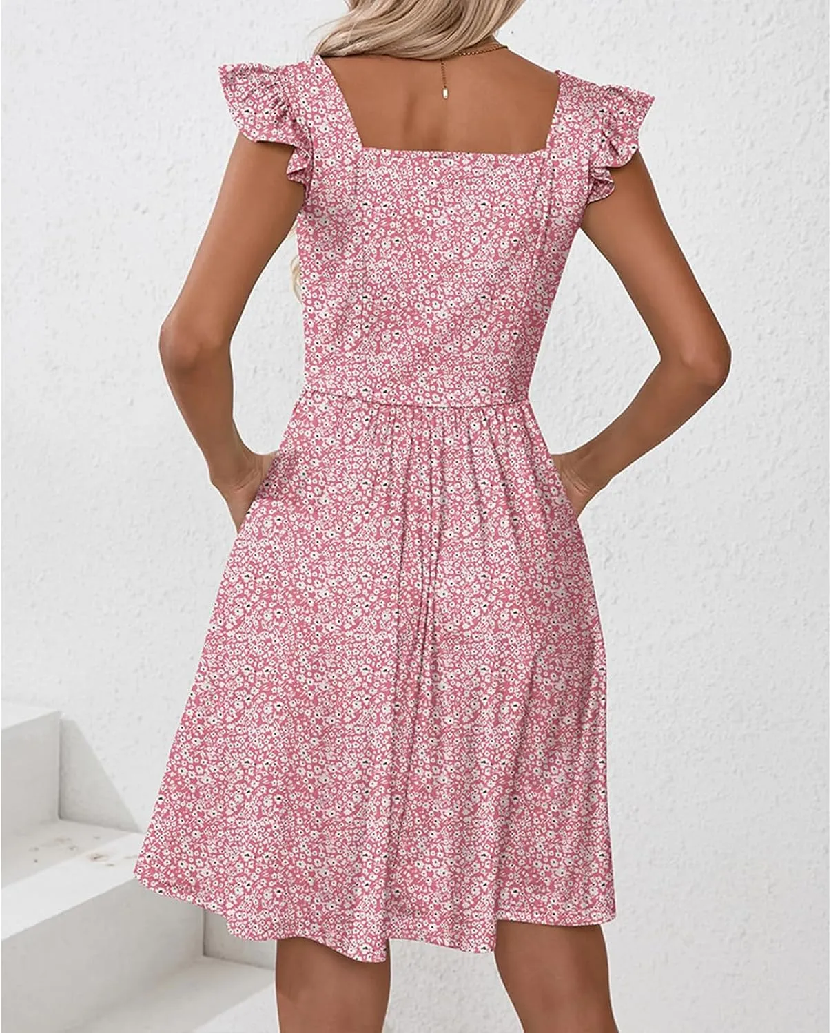 Womens Summer Casual Sleeveless Dress Floral Smocked Ruffle Square Neck Midi Dresses Flowy Boho Cute Beach Sundress