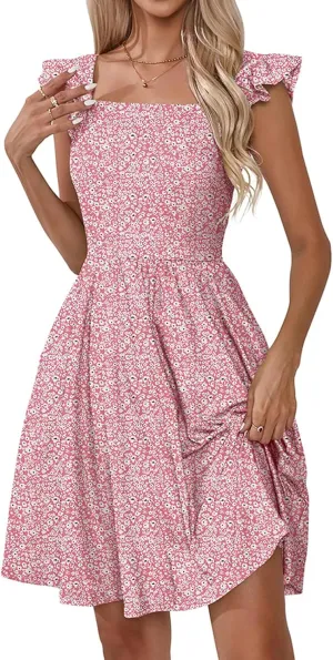 Womens Summer Casual Sleeveless Dress Floral Smocked Ruffle Square Neck Midi Dresses Flowy Boho Cute Beach Sundress