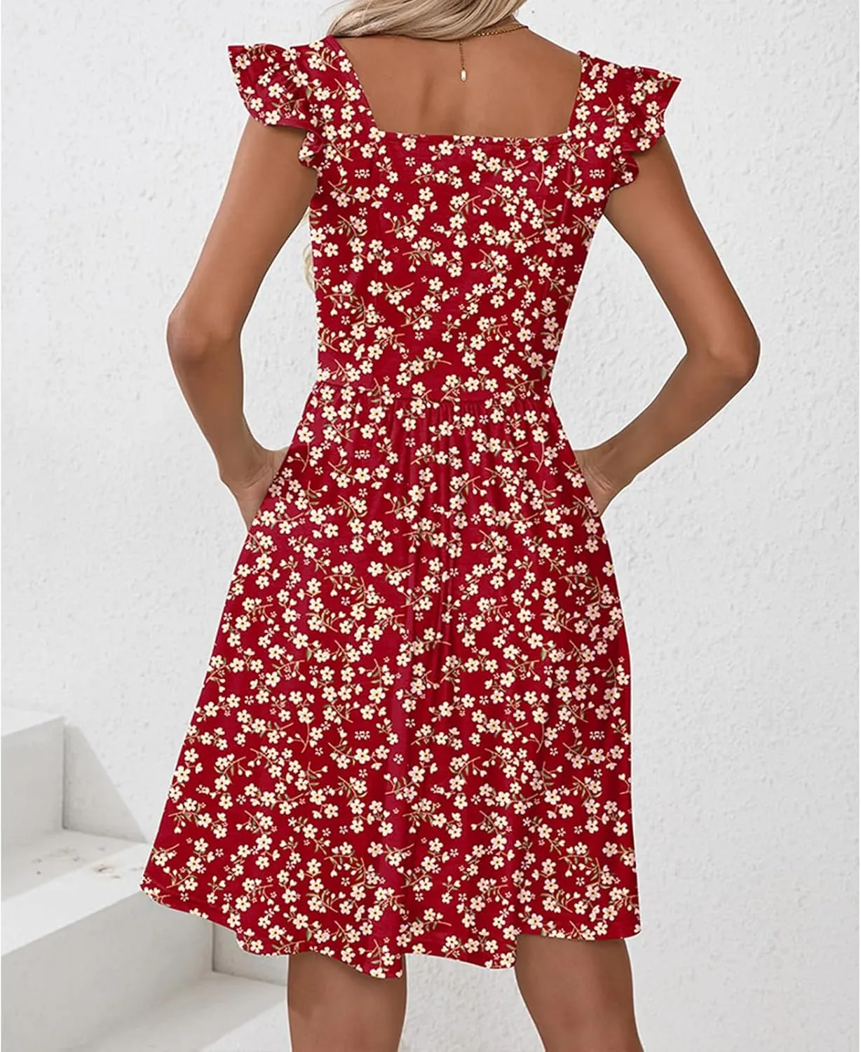 Womens Summer Casual Sleeveless Dress Floral Smocked Ruffle Square Neck Midi Dresses Flowy Boho Cute Beach Sundress