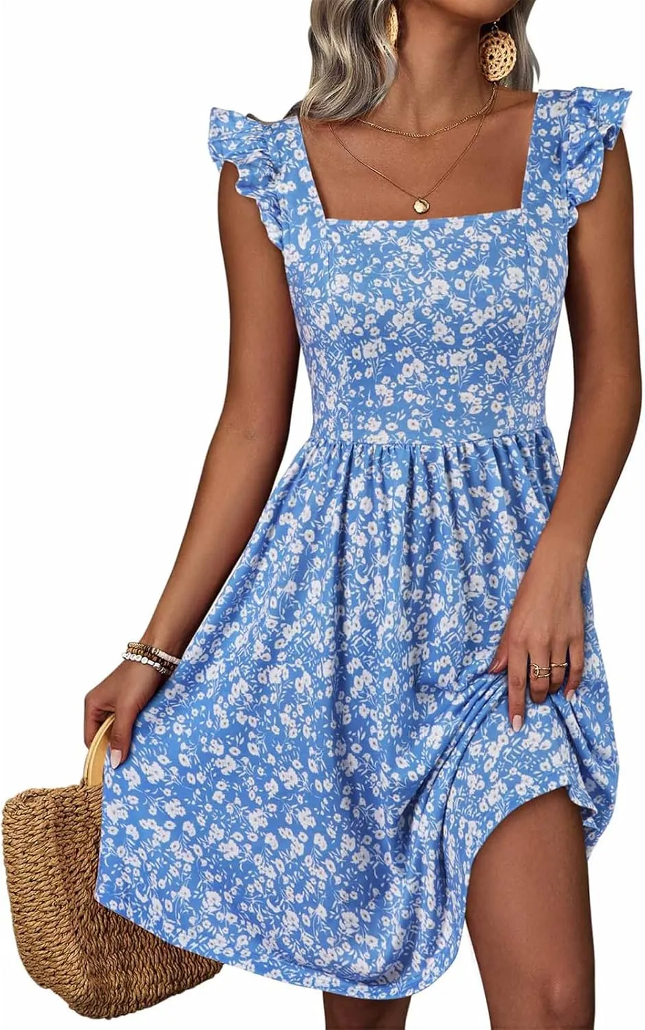 Womens Summer Casual Sleeveless Dress Floral Smocked Ruffle Square Neck Midi Dresses Flowy Boho Cute Beach Sundress