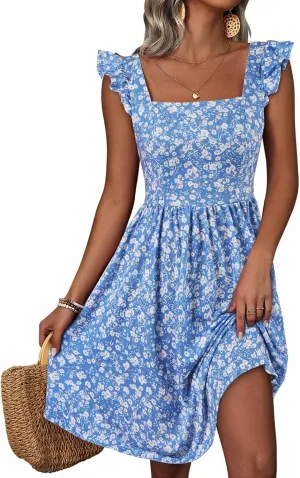 Womens Summer Casual Sleeveless Dress Floral Smocked Ruffle Square Neck Midi Dresses Flowy Boho Cute Beach Sundress