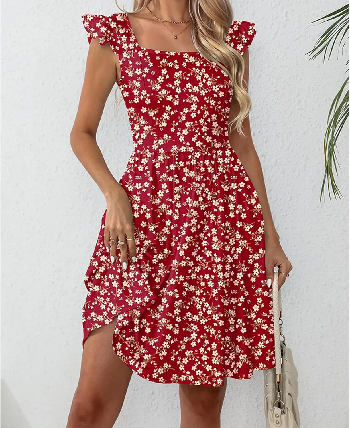 Womens Summer Casual Sleeveless Dress Floral Smocked Ruffle Square Neck Midi Dresses Flowy Boho Cute Beach Sundress